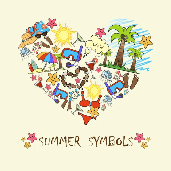 Corazón estilizado con símbolos de verano — Vector de stock
