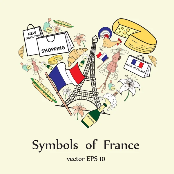 Serce stylizowane z symbolami z Francji — Wektor stockowy