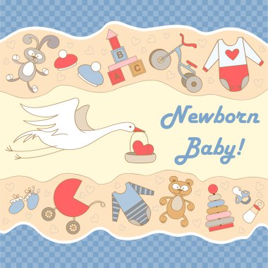 Vector illustration with stork and symbols of newborn clipart