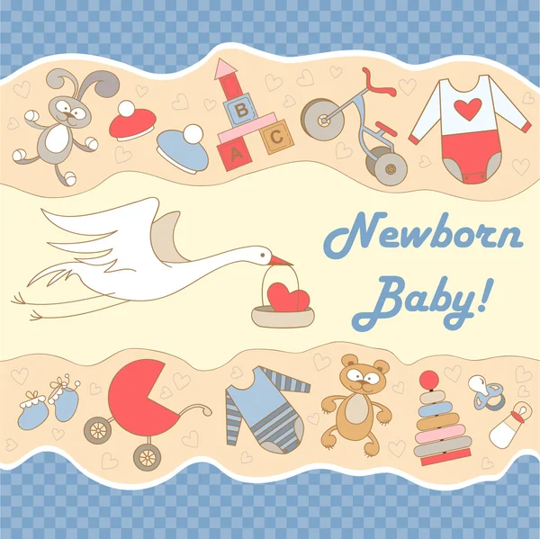 Vector illustration with stork and symbols of newborn — Stock Vector