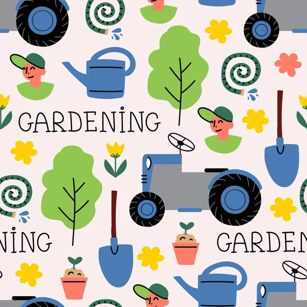 Vector Colorful Pattern Theme Garden Agriculture Cartoon Background Garden Tools — Stockvektor