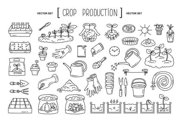 Vector Hand Drawn Set Theme Crop Production Agriculture Farming Gardening — Vetor de Stock