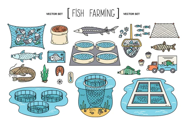 Vector Mão Desenhada Definir Sobre Tema Piscicultura Agricultura Pesca Fábrica — Vetor de Stock