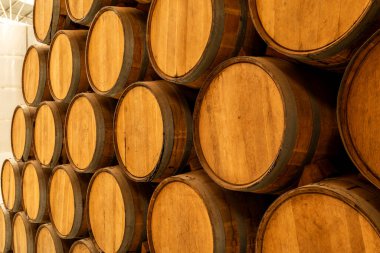 Şaraphanenin eski mahzenine istiflenmiş şarap fıçıları..