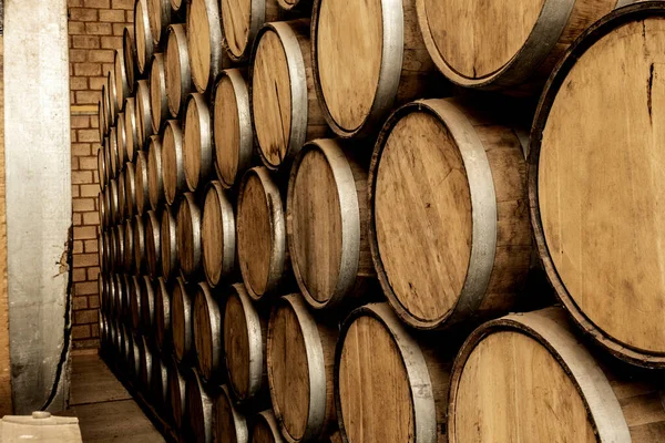 Wijnvaten Ontvet Gestapeld Oude Kelder Van Wijnmakerij — Stockfoto