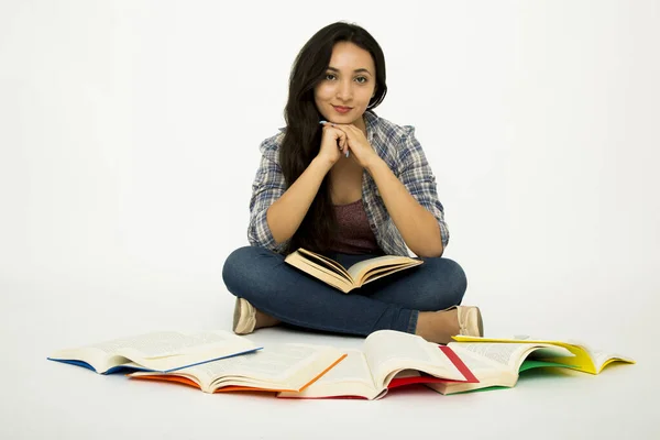 Young Happy Latin Student Studying White Background — Stock Photo, Image