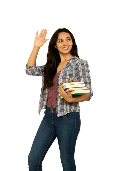 Młody Szczęśliwy Latynoski Student Studiujący Białym Tle — Zdjęcie stockowe