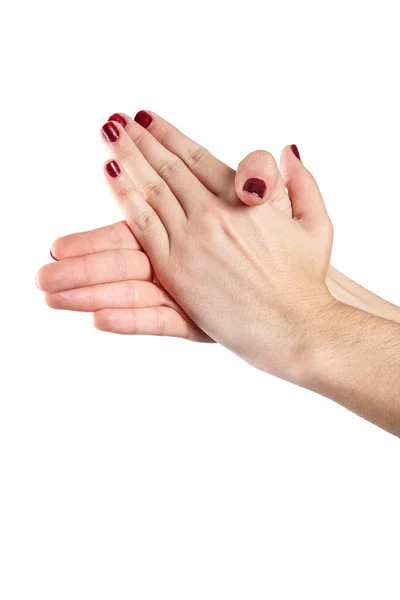 Elegantes Mãos Femininas Mostrando Diferentes Formas Fundo Branco — Fotografia de Stock