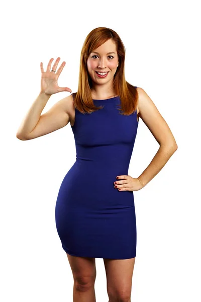 Красива Щаслива Жінка Блакитній Сукні Позує Студії Ізольовано Білому Тлі — стокове фото