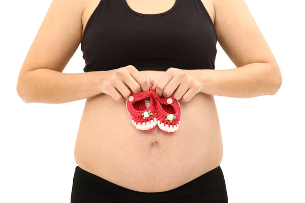 Mujer Embarazada Con Zapatos Bebé Tejidos Mano Lindasmujer Embarazada Con —  Fotos de Stock