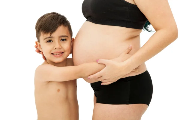 Porträtt Vacker Gravid Kvinna Och Son Mycket Lycklig Framtida Mor — Stockfoto