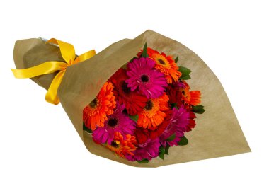 Beyaz arka planda yeşil saplı çok renkli gerbera papatya çiçeklerinden oluşan bir buket..