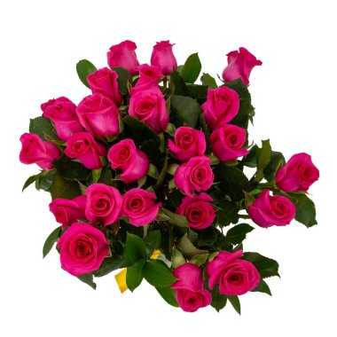 Güzel fiushas buketi yeşil saplı pembe çiçekler ve beyaz arka planda yapraklar..