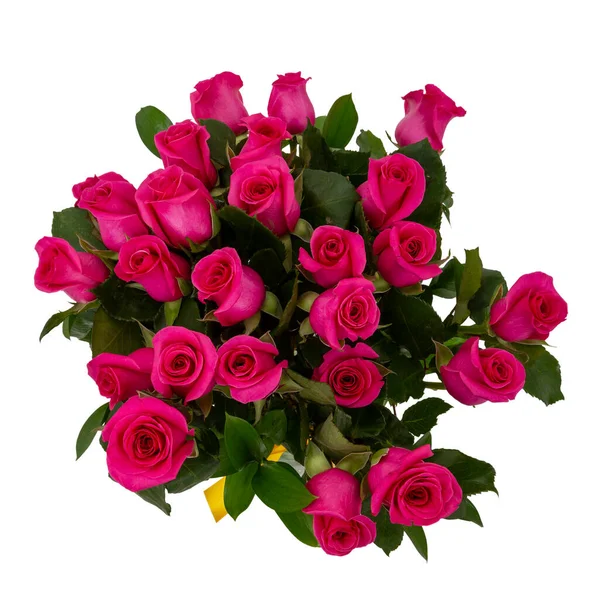 Güzel fiushas buketi yeşil saplı pembe çiçekler ve beyaz arka planda yapraklar..