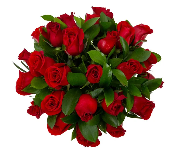 Bouquet Beautiful Red Rose Flowers Green Stems Leaves White Background Stock Image