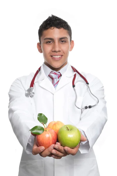 Young Latino Doctor White Coat White Stethoscope White Background — Stock Photo, Image