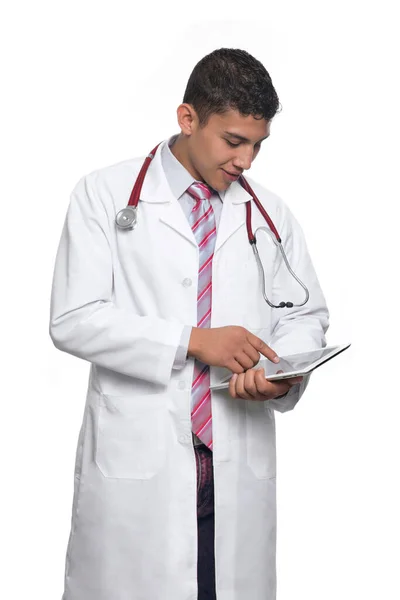 Young Latino Doctor White Coat White Stethoscope White Background — Stock Photo, Image