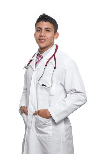 Молодий Латиноамериканський Лікар Білим Хутром Білим Стетоскопом Білому Тлі — стокове фото