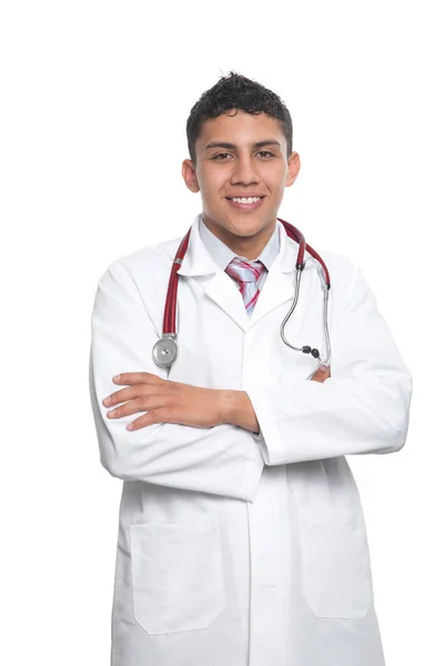 Young Latino Doctor White Coat White Stethoscope White Background — Stock Photo, Image