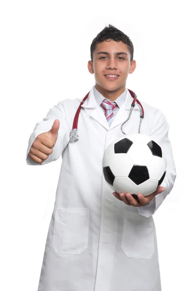 Mladý Latino Lékař Bílým Kabátem Bílým Stetoskopem Bílém Pozadí — Stock fotografie