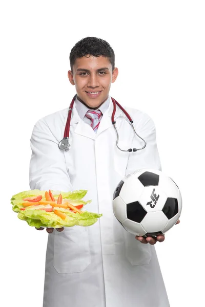 Young Latino Doctor White Coat White Stethoscope White Background — Stock Photo, Image