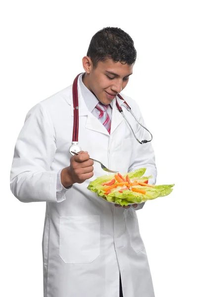 Dokter Latino Muda Dengan Mantel Putih Dan Stetoskop Putih Dengan — Stok Foto