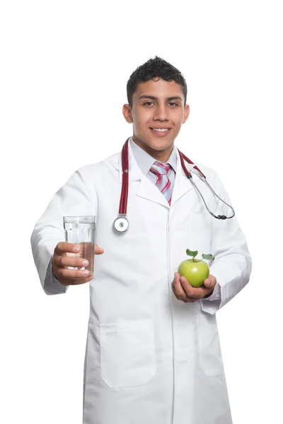 Young Latino Doctor White Coat White Stethoscope White Background — Stock Photo, Image