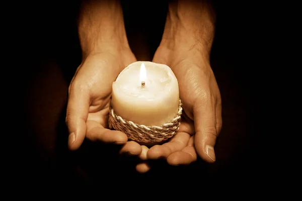 Praying Hands Candle Black Background — Stock Photo, Image