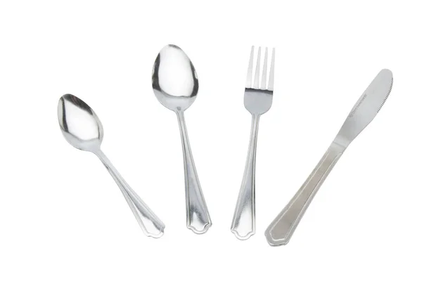Set Cutlery Spoon Fork Knife Stainless Steel Isolated White Background — Stock fotografie