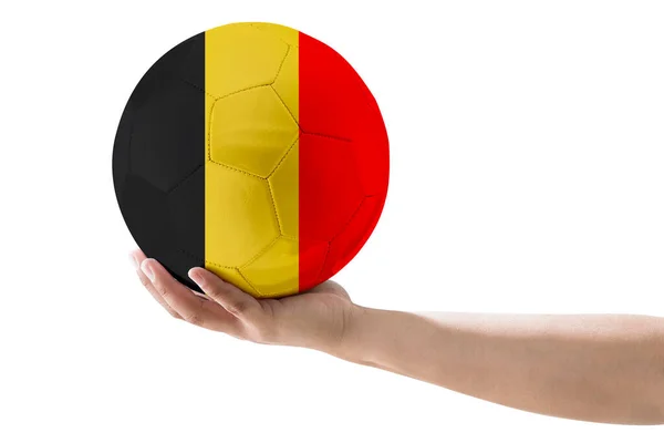 Main Homme Soccer Ball Avec Belgique Pays Flag Sur Contexte — Photo