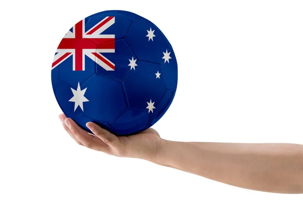 Man Hand Soccer Ball Australia Country Flag White Background — Stock Photo, Image