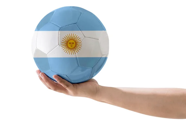 Homem Hand Soccer Ball Com Argentina País Flag Branco — Fotografia de Stock