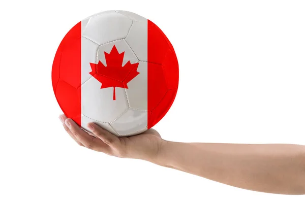 Fussball Man Hand Fussball Mit Kanada Land Flag Auf Weißem — Stockfoto