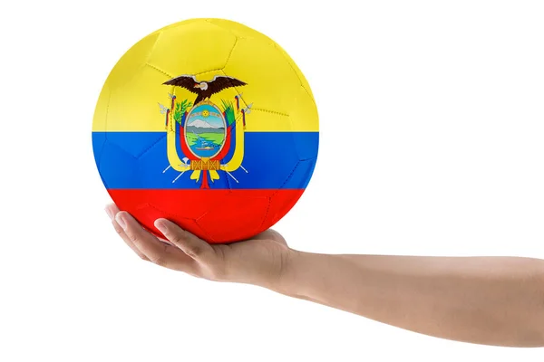 Man Hand Soccer Ball Med Ecuador Land Flag Vitt Bakgrund — Stockfoto