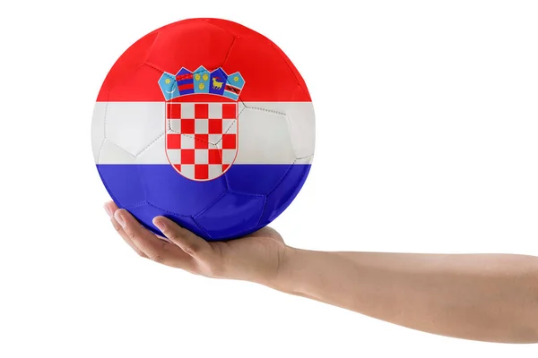 Man Hand Soccer Ball Croatia Country Flag White Background — Stock fotografie