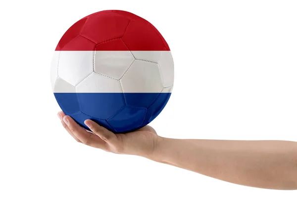Man Hand Soccer Ball Nederländerna Land Flag Vitt Bakgrund — Stockfoto
