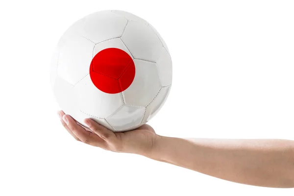 Fussball Man Hand Fussball Mit Japans Land Flag Auf Weißem — Stockfoto
