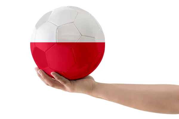 白い背景にポーランド国の旗と男の手サッカーボール — ストック写真