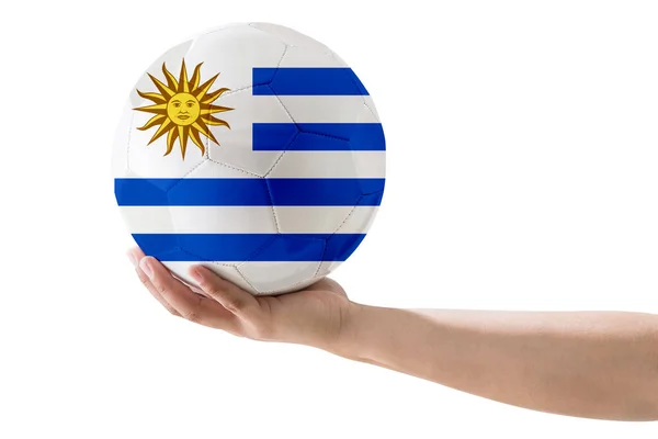 Мужская Рука Южном Балу Флагом Уругвая Белом Фоне — стоковое фото