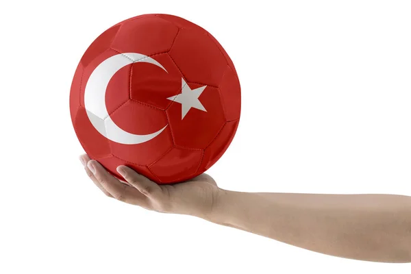 Man Hand Soccer Ball Turkey Land Flag White Background — Stockfoto