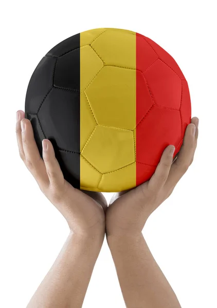 Mains Homme Levant Ballon Football Avec Drapeau Équipe Belgique Comme — Photo
