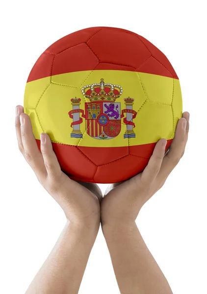 Muž Ruce Zvedá Fotbalový Míč Vlajkou Španělského Týmu Jako Trofej — Stock fotografie