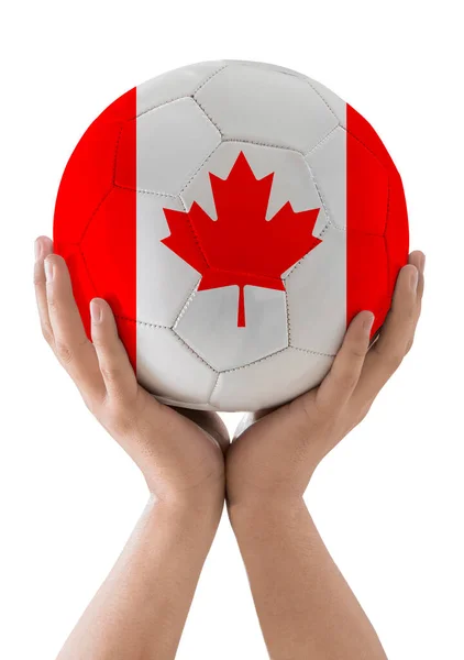 Mãos Homem Levantando Uma Bola Futebol Com Bandeira Equipe Canadá — Fotografia de Stock