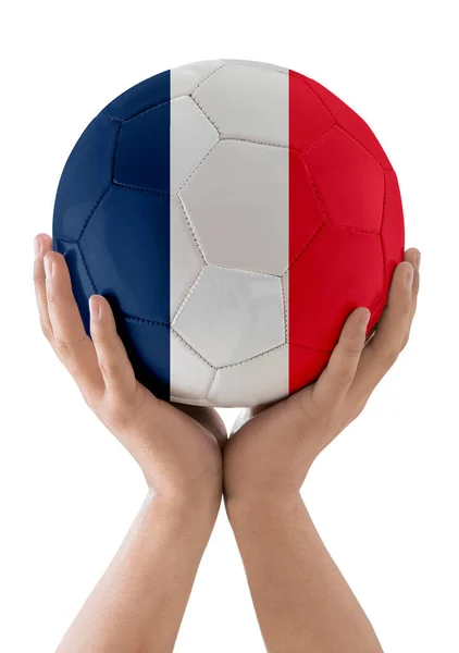 Man Handen Heffen Een Voetbal Met Vlag Van Het Franse — Stockfoto