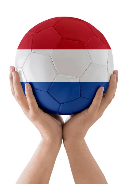 Мужские Руки Поднимают Футбольный Мяч Флагом Команды Голландии Качестве Трофея — стоковое фото