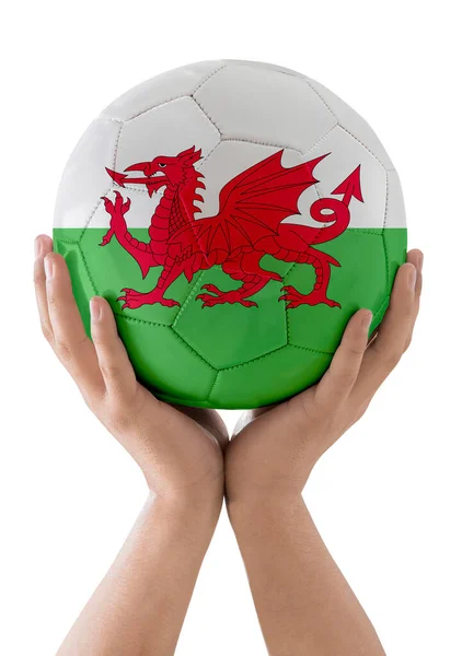 白い背景にトロフィーとしてウェールズチームの旗を掲げてサッカーボールを上げる男の手 — ストック写真