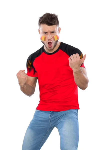 Homem Futebol Com Camisa Rosto Pintado Com Bandeira Equipe Bélgica — Fotografia de Stock