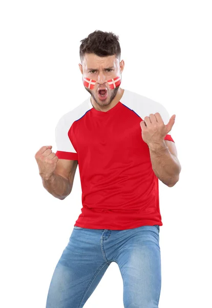 Miłośnik Piłki Nożnej Czerwono Białą Koszulką Twarzą Pomalowaną Flagą Duńskiej — Zdjęcie stockowe
