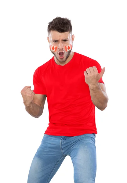 Tifoso Calcio Uomo Con Maglia Rossa Volto Dipinto Con Bandiera — Foto Stock