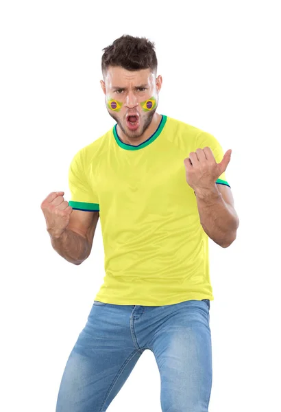 Homem Futebol Com Camisa Amarela Rosto Pintado Com Bandeira Equipe — Fotografia de Stock